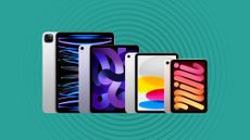 Four iPad models on a green background